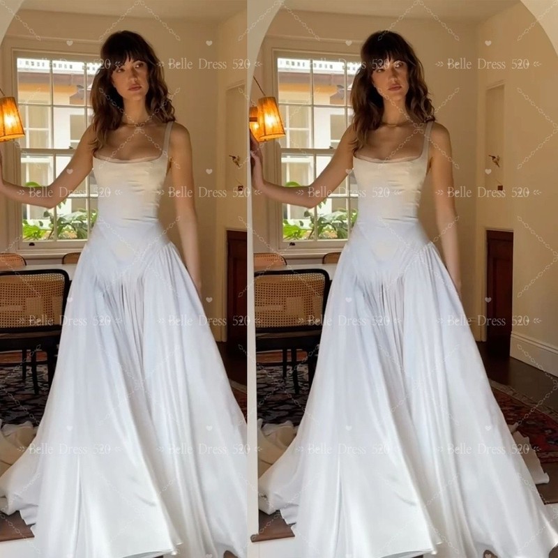 Stain Wedding Dresses Sweep Train Square Neck Ruching A-Line Classic Bridal Gown
