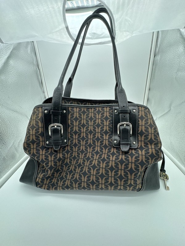 Fossil Vintage Signature Monogram Canvas and Leather Satchel