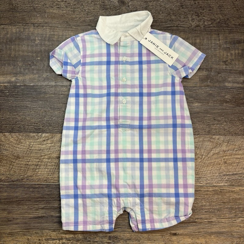 Janie and Jack 6-12 Months Gingham Polo Romper in Light Blue $49 NEW