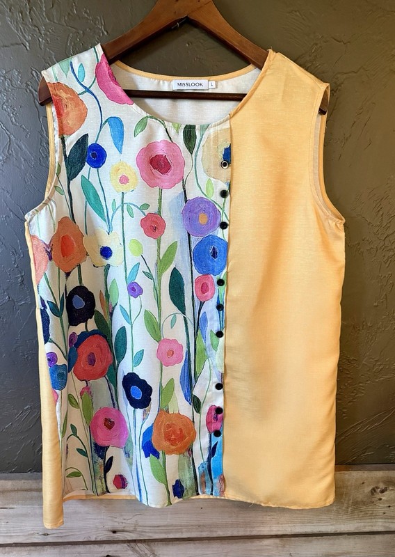 Generous Fit Size Large MissLook Floral Yellow Sleeveless Blouse Cotton Blend