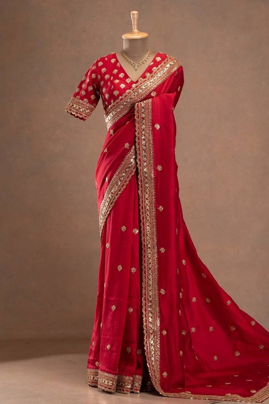Wedding Wear Red Jalpari Silk Saree With Blouse For Women & Girls