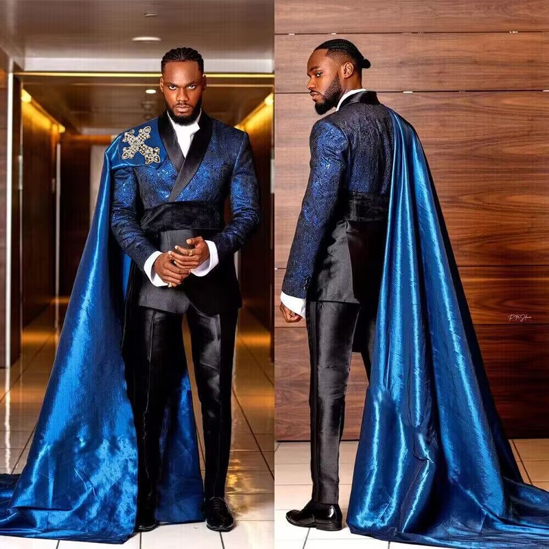 Men's Royal Satin Suits Jacket with long Cape Fashion Formal Party Wear 3 Pieces gallery
