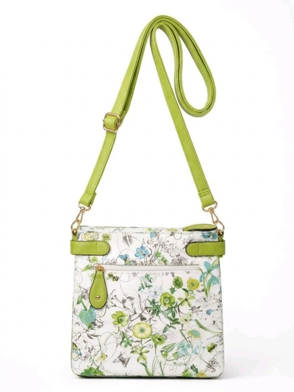 Lime Green Floral Bloom Crossbody Vegan PU Leather Bag - Multi Pocket gallery