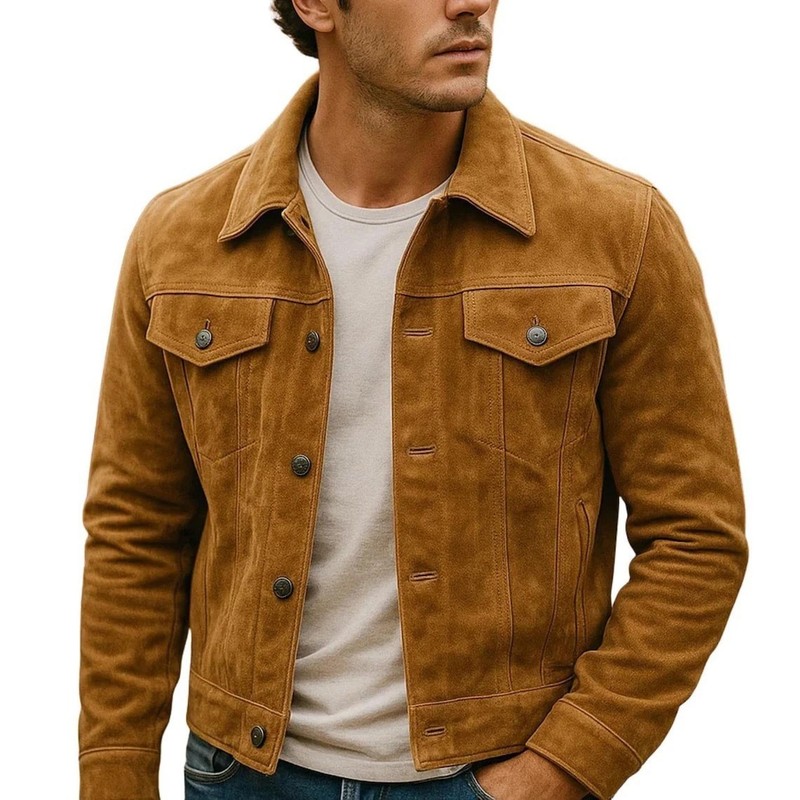 Men’s Real Suede Leather Tan Classic Vintage Denim Style Trucker Jacket
