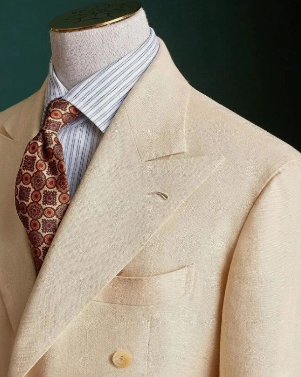 Linen 2 Pieces Men's Suits Cream Double Breasted Summer Wedding Party Blazer gallery