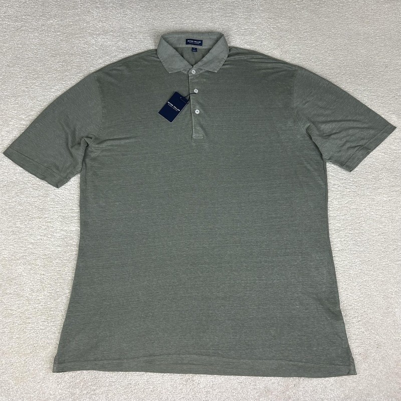 Peter Millar Polo Shirt Mens Large Green 100% Linen Crown Crafted Greystone $180