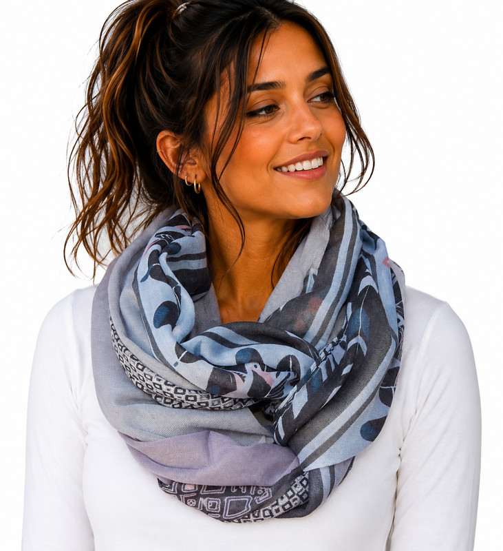 Round scarf Shawl loop scarf XXL tube scarf feathers gray white 2023 H 04