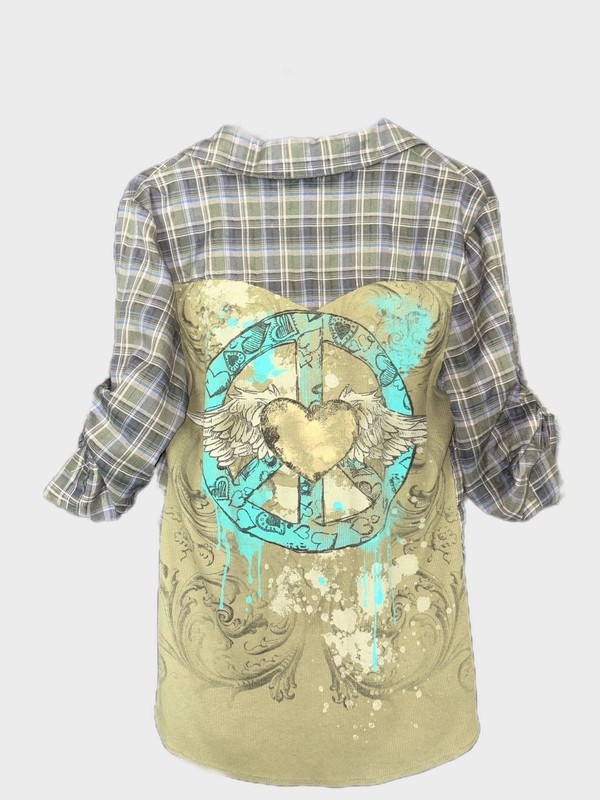 Self Esteem Plaid Button Down Shirt with Peace Heart Back Graphic