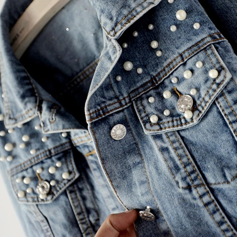 Oversize Pearl Embroidered Ripped Distressed Women Denim Jacket Casual Long Slee gallery