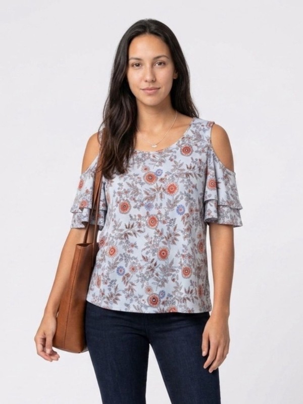 NAIF Floral Print Cold-Shoulder Top in Light Gray, Rust & Blue