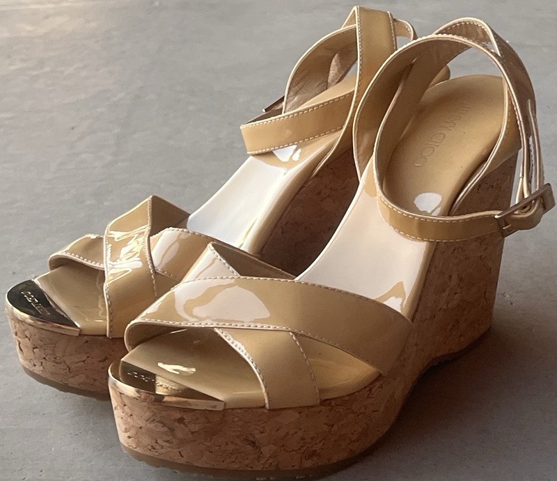 Jimmy Choo Papyrus Cork Platform Wedge Sandals Nude Patent Leather EU 38