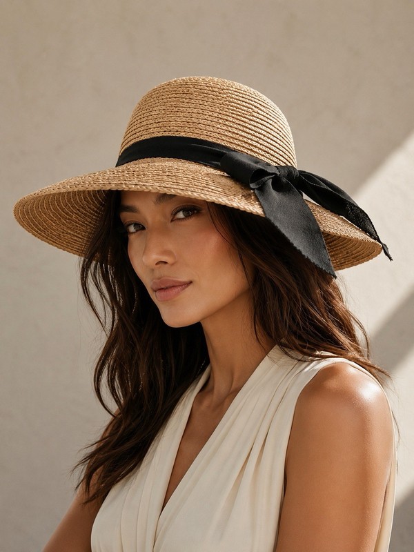 Helen Kaminski Corsica Hat 100% Raffia Straw Black Bow Resortwear Australia Made