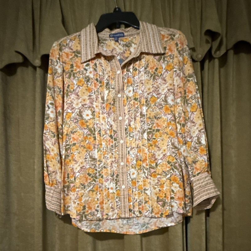 Democracy Floral Multicolor Collared Button-Front Long Sleeve Blouse, Size S