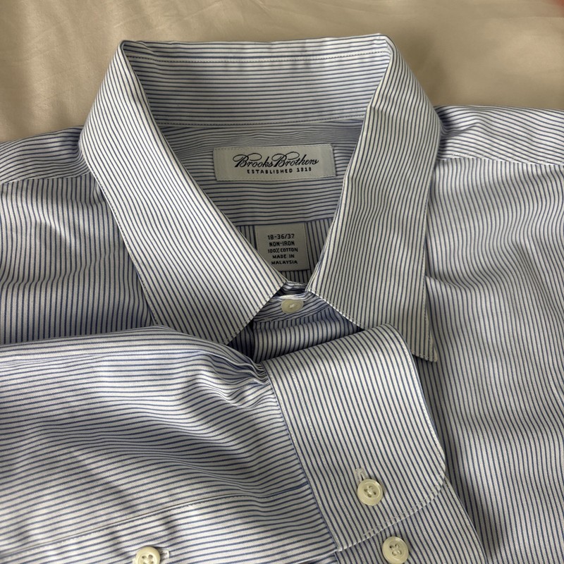 $128 Brooks Brothers Dress Shirt 18-36/37 Blue Stripe Button-Down Collar Cotton