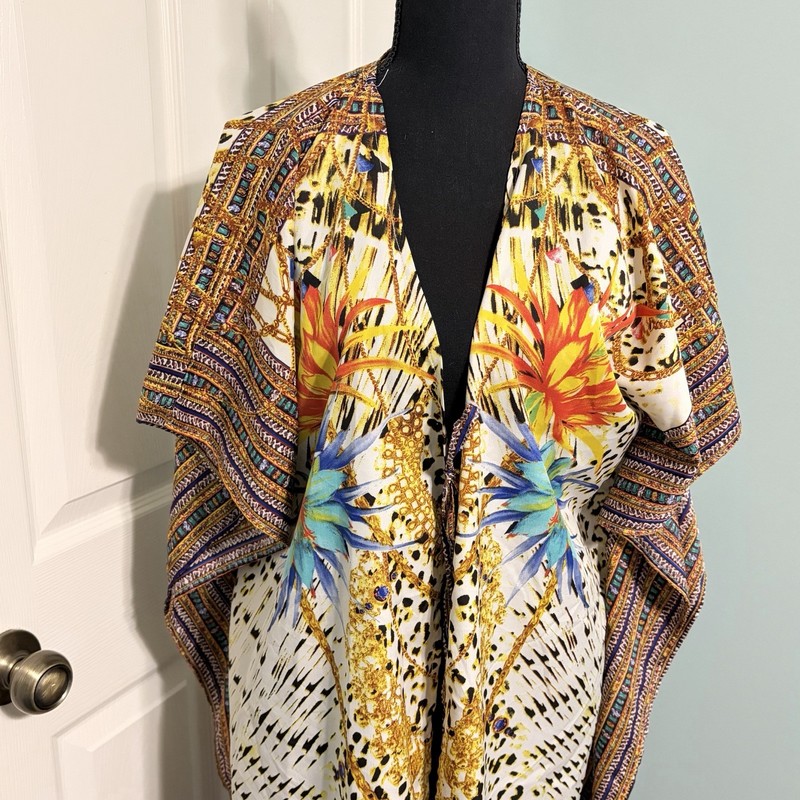 Jaquline Design Studio M Floral Leopard Chain Print Caftan Kimono Cover Up Med