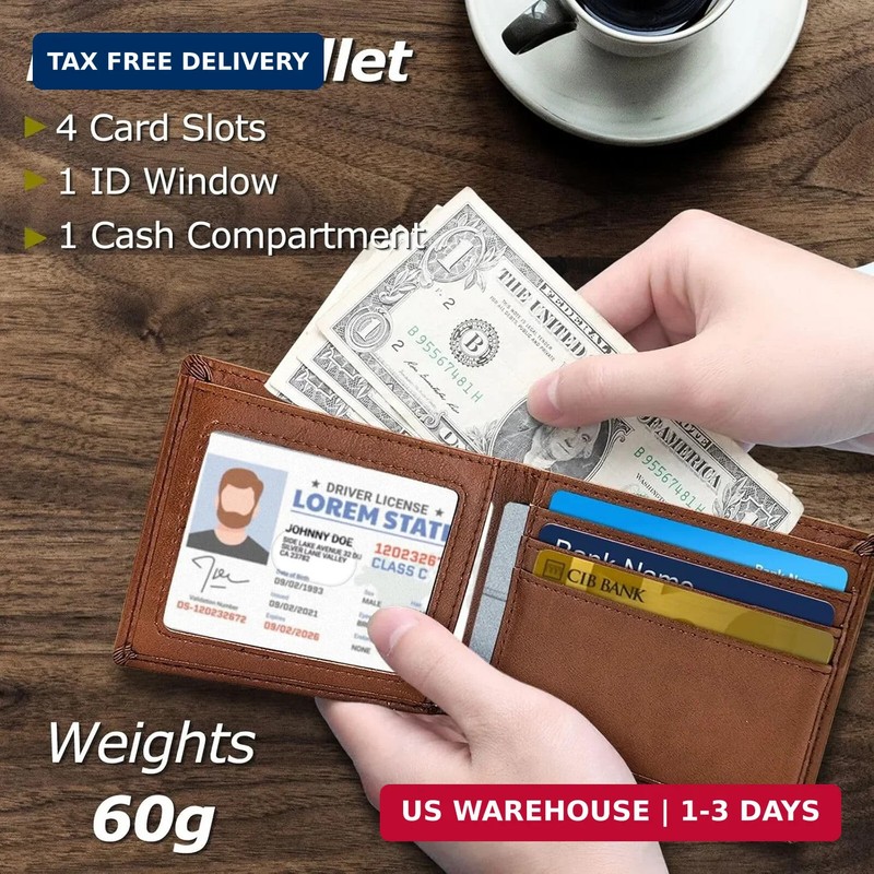 Men's Slim Bifold Leather Wallet RFID Blocking Minimalist Lightweight Brown Work gallery