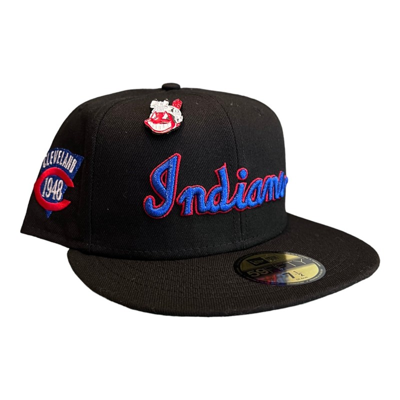 New Era Cleveland Indians 59FIFTY Fitted Hat Cap Black W/ Chief Wahoo Pin 7 3/4 gallery