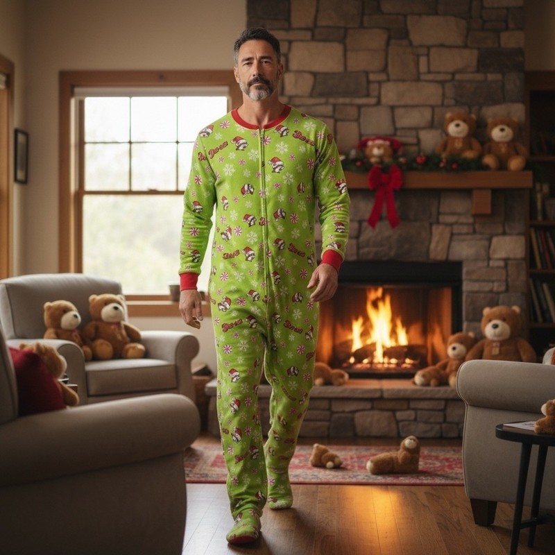 Buc-ee’s Christmas Union Suit Mens Medium Green Santa Beaver Zip Pajamas Flap