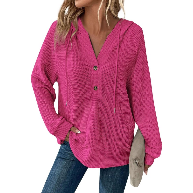 Casual Women's Solid Color Hoodie - Long Sleeve Relaxed Fit Waffle Weave Top gallery