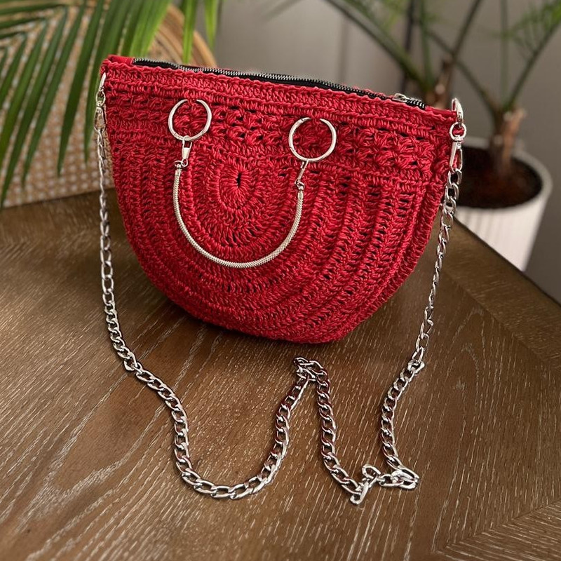 Red Half Moon Knitted Paper Yarn Crossbody Bag Silver Chain Strap Handmade