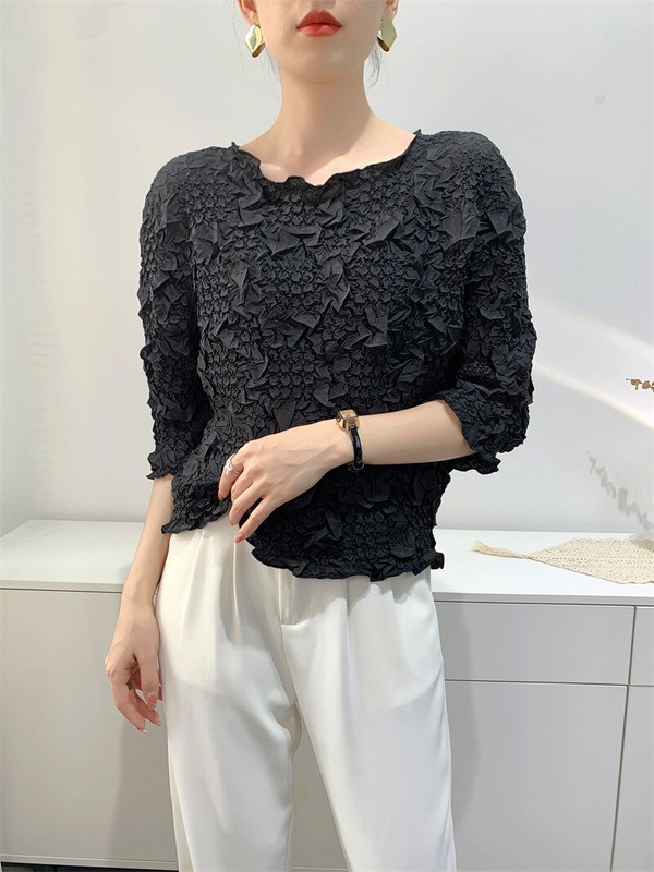 New Embroidered Pleated Top Bat Sleeve Pleated T-shirt