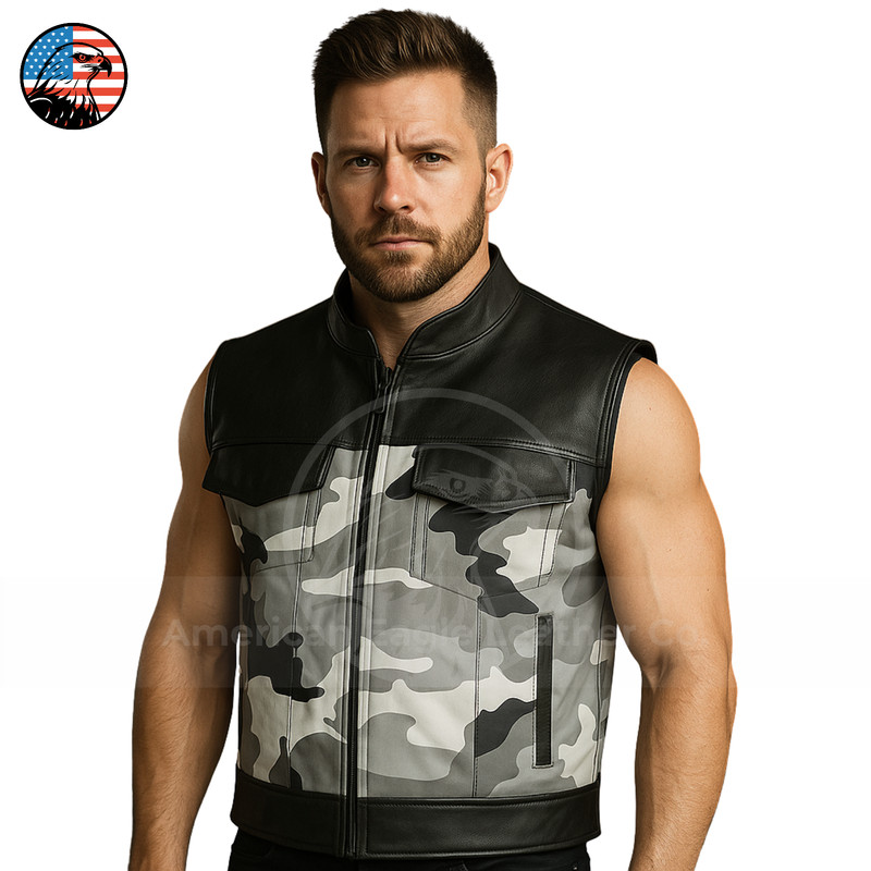 Mens Black White Gray Camo Leather Motorcycle Biker Vest Mick Citycamo Hunting