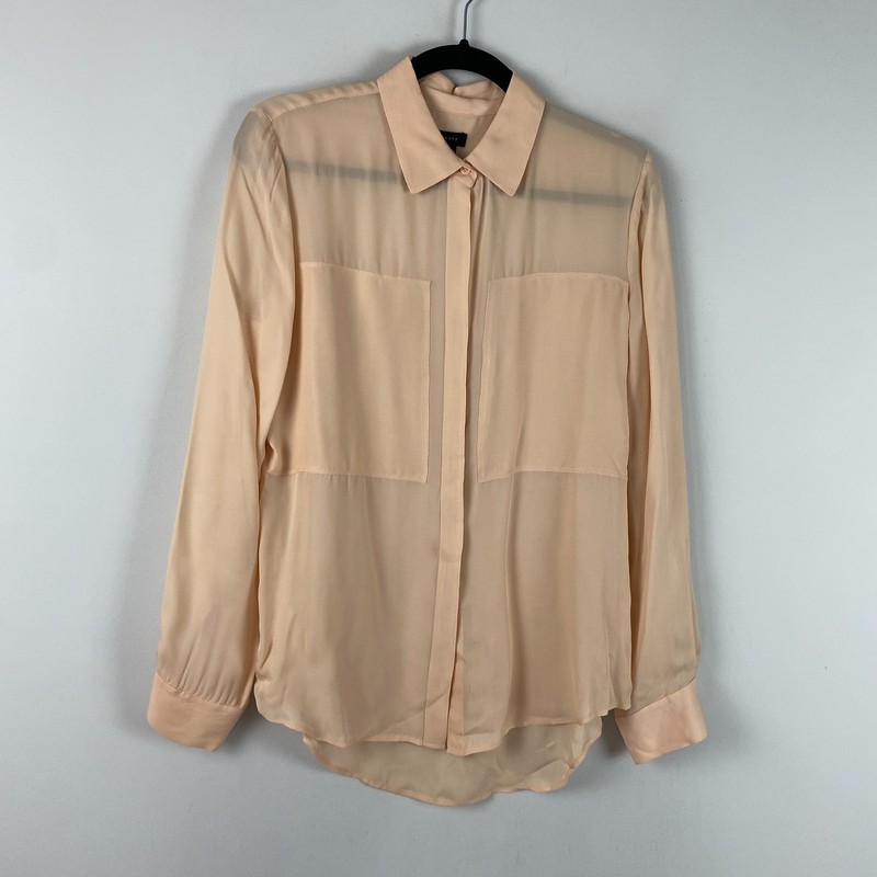 Theory Silk Blend Durlia Button Up Shirt Size Small Soft Peach Sheer Long Sleeve