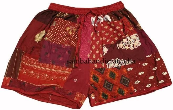 Maroon Rayon Patchwork Festival Short One Size Elasticated Waist Comfy Short