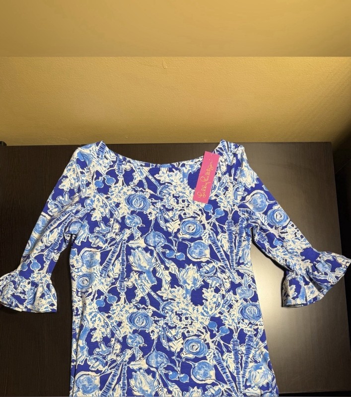 Lilly Pulitzer Blue/White Floral Boat Neck 3/4 Ruffle Sleeve Knit Top S gallery
