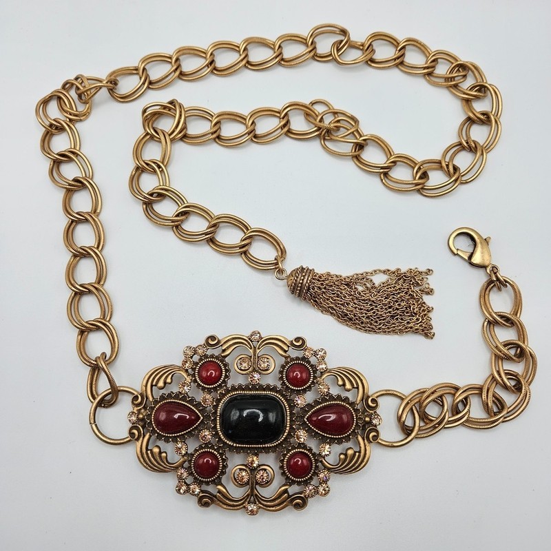 VINTAGE Chico’s Gold Tone Large Beaded Cabochon Buckle Adjustable Chain Belt