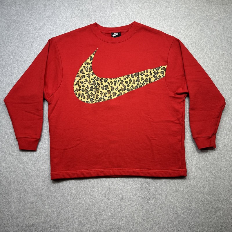 Nike Sweatshirt Small Red Wraparound Swoosh Leopard Oversized Casual Comfort