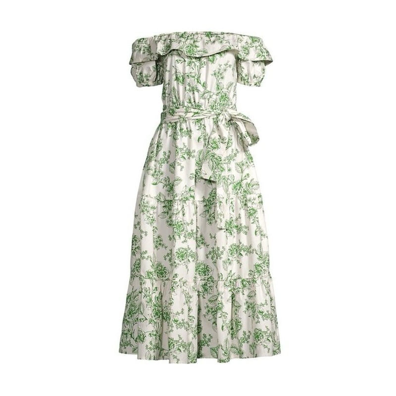 Rachel Parcell White Off-Shoulder Midi Dress with Green Botanical Print gallery