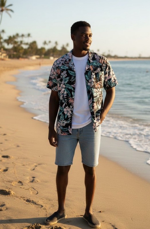 (20-21)3XL Men’s Black Pink Floral Hawaiian Woven Short Sleeve Button-Up Shirt