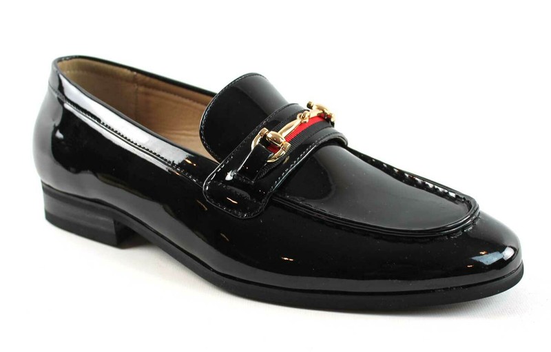 Men’s Black Patent Tuxedo Dress Shoes Slip On Loafers Gold Buckle Formal AZAR