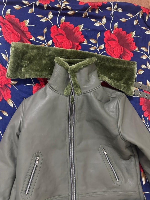 Men's Gray Leather Bomber Flight Jacket Faux Fur Collar Full Zip Handmade Coat gallery