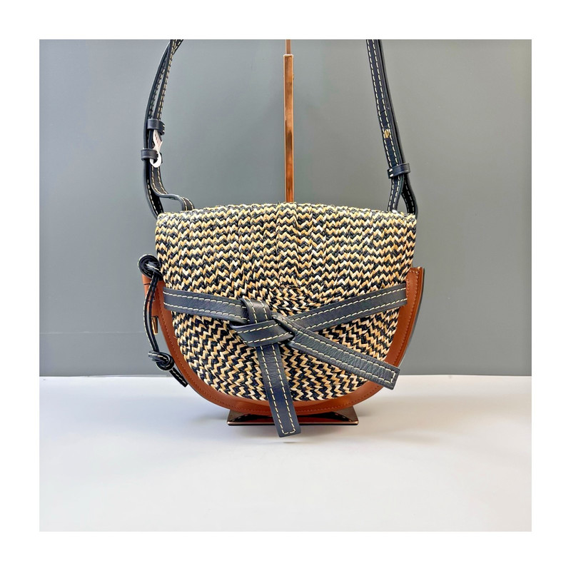Authentic Loewe Woven Saddle Bag Woven Raffia and Calfskin Leather Saddle Bag