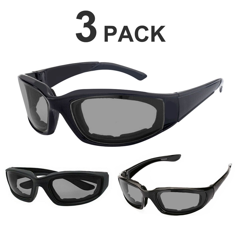 NEW! 3 Pair UV400 Chopper Riding Motorcycle Glasses,Grey,Padded,Comfortable