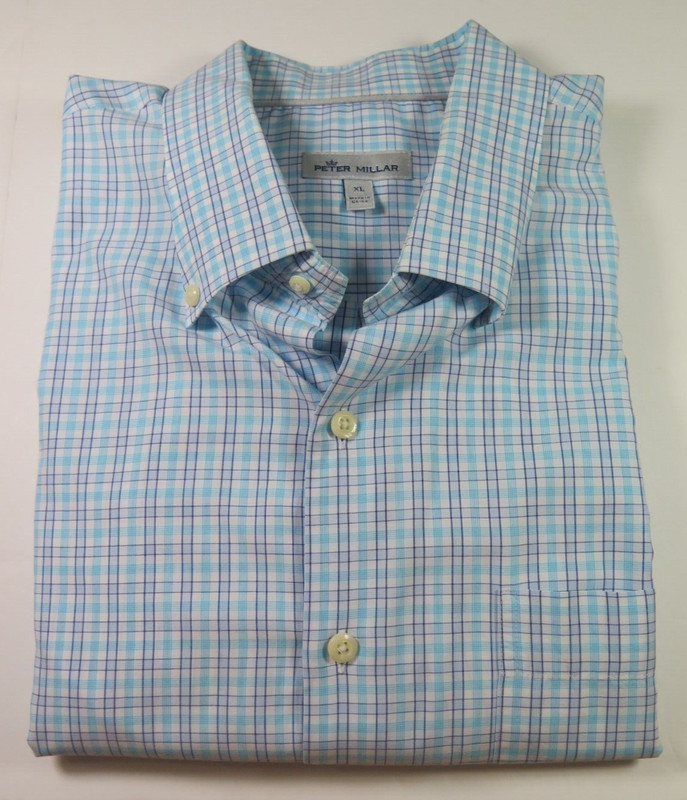Peter Millar Mens Pure Cotton Teal Blue White Plaids Checks Casual Shirt XL EUC gallery