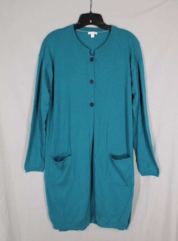 J JILL Teal WOOL BLEND 3-Buttons Pockets LONG Knit Sweater CARDIGAN/TOPPER Sz M