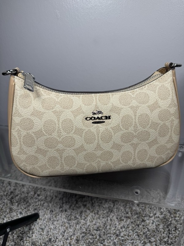 Coach Signature Beige Small Crescent Shoulder Bag Zip Closure Chain Strap gallery