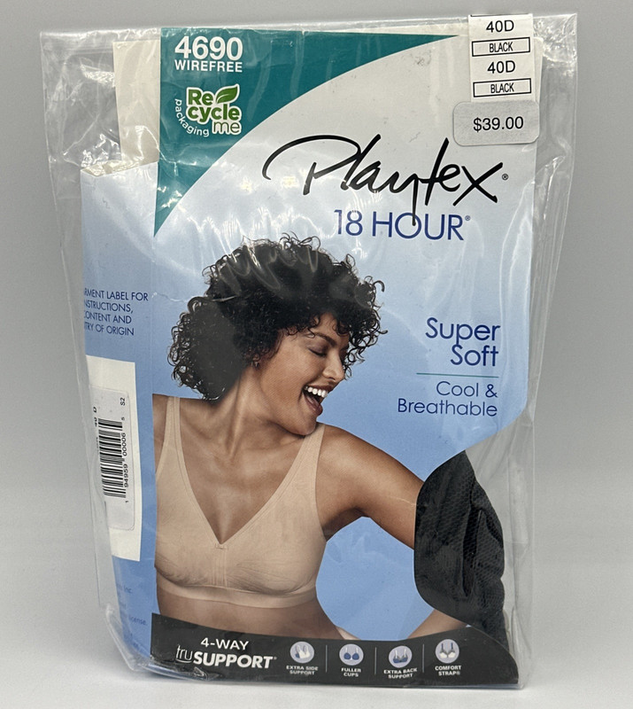 Playtex 18 Hour 4690 Wirefree Womens Bra Black 40D Soft Cool Breathable NEW