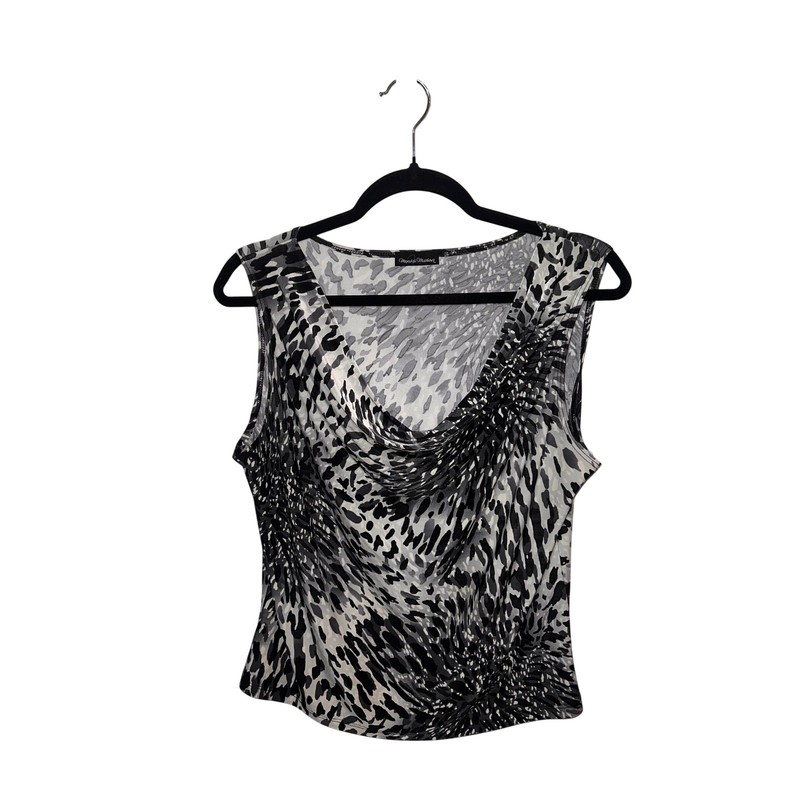 Cowl Neck Abstract Animal Print Sleeveless Top Grey Black PXL