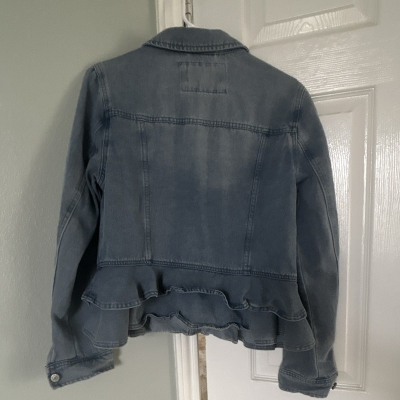 Stoosh Women's Blue Button-Front Ruffle Hem Denim Jacket w/ Pockets Size L gallery