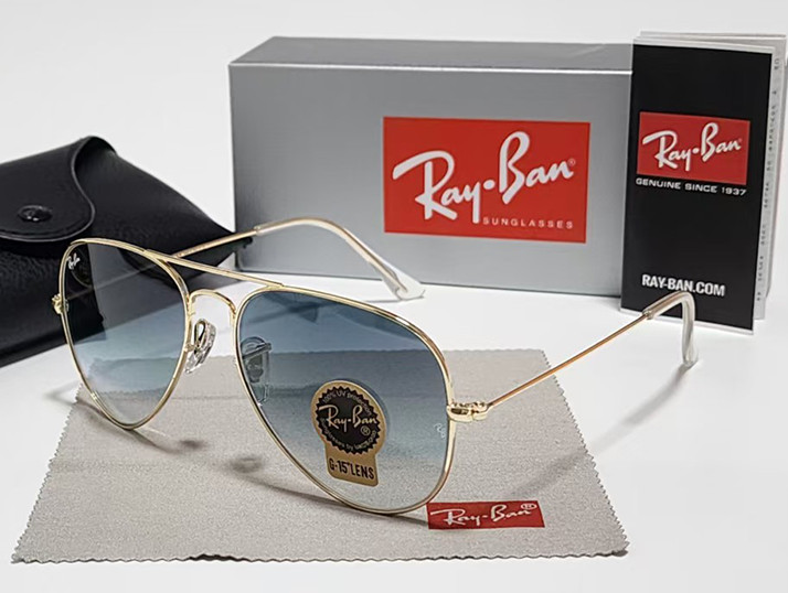 Ray-Ban RB3025 Aviator Pilot Sunglasses Gold Frame Glass Gradient Blue Lens 58mm gallery