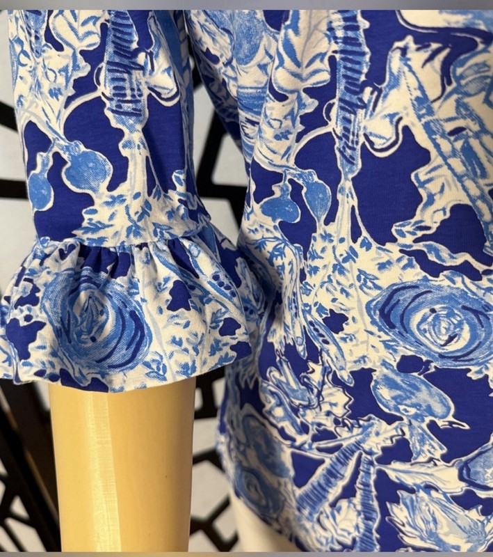 Lilly Pulitzer Blue/White Floral Boat Neck 3/4 Ruffle Sleeve Knit Top S gallery
