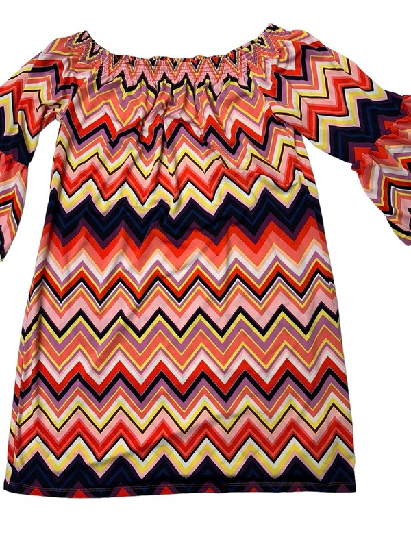 Trina Turk Retro Off The Shoulder Zig Zag Mini Swing Dress Flared Sleeve gallery