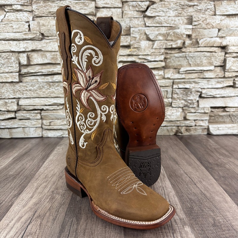 WOMENS REYWELT WESTERN COWGIRL BOOT WITH FLORAL DESIGN HANDMADE IN MEXICO SIZE 5