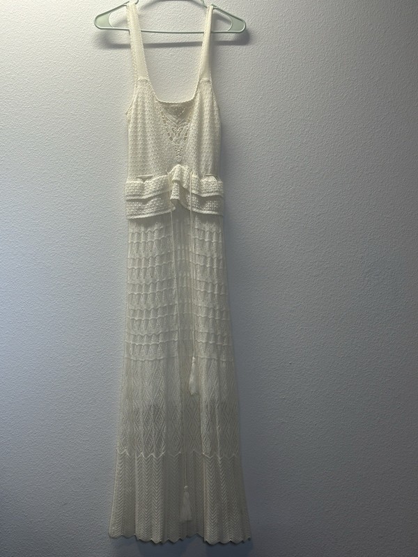 Charlotte Ronson Cream Crochet Knit Maxi Dress with Tie Waist Women’s MEDIUM