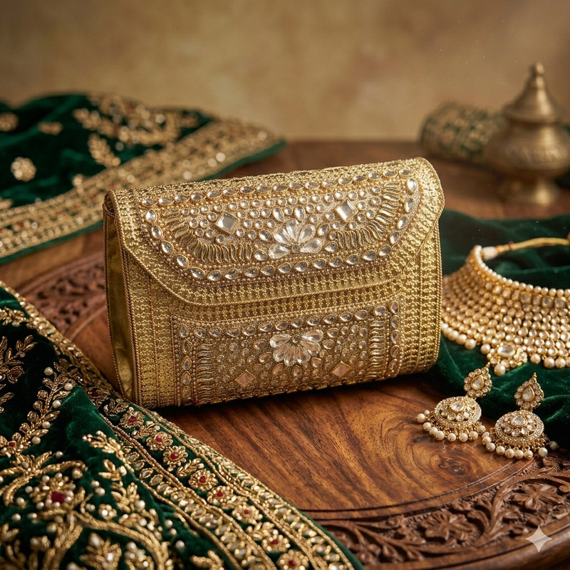Gold Kundan Embellished Bridal Clutch Purse Women Wedding Evening Party Bag