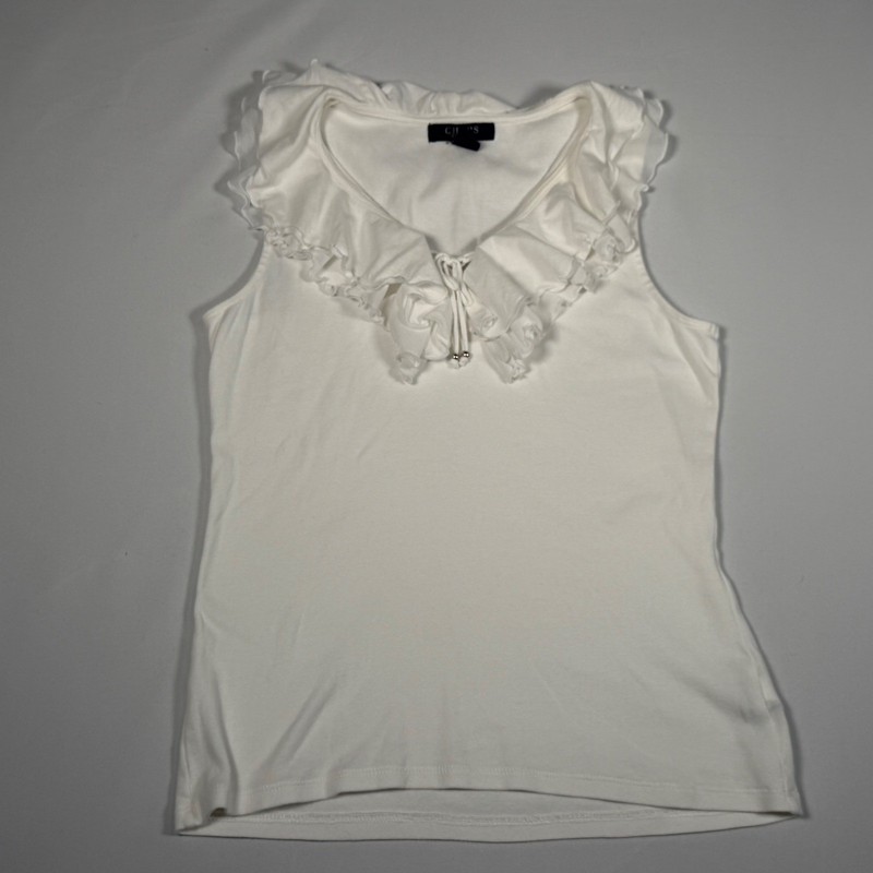 Chaps Tank Women’s XS White Ruffle V-Neck Sleeveless Cotton Cottagecore Coquette